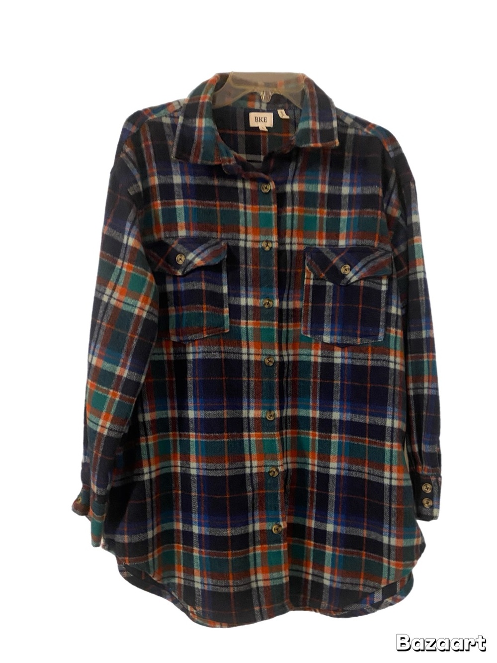 BKE Plaid Button-Down Shirt Jacket in Navy, Green & Orange